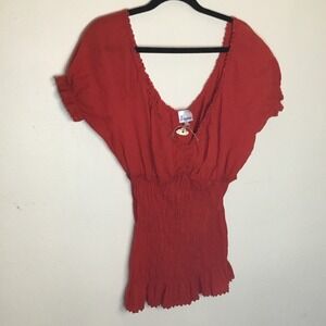 NWT Ferocious Red Smocked Empire Waist Ruffle Blouse Top Size L 100% Cotton